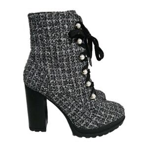 Just Fab Booties Shandee Pearl Tweed & Pearl Size‎ 7.5 Lace Up Boots Heels EUC